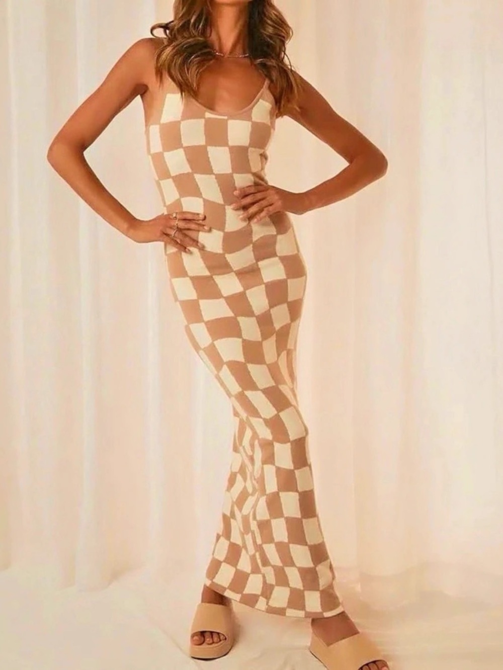 Checkered Maxi Dress in Blush & White Like New